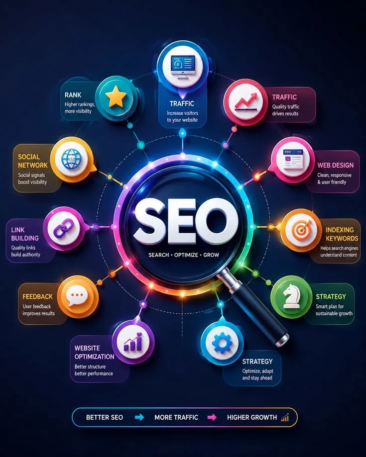 SEO services showing search engine optimization, website traffic, rankings, and growth