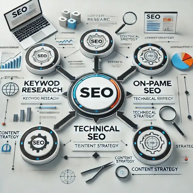 SEO strategy showing keyword research, on-page SEO, technical SEO, and content strategy